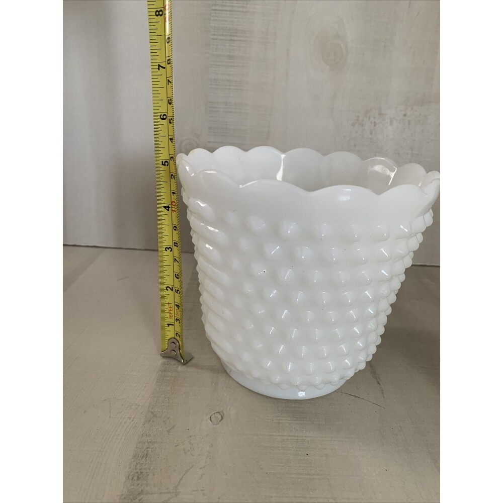 Vintage 2 Fire King Oven Ware White Milk Glass Hobnail Scallop Edge Bowl Vases - Picture 5 of 10